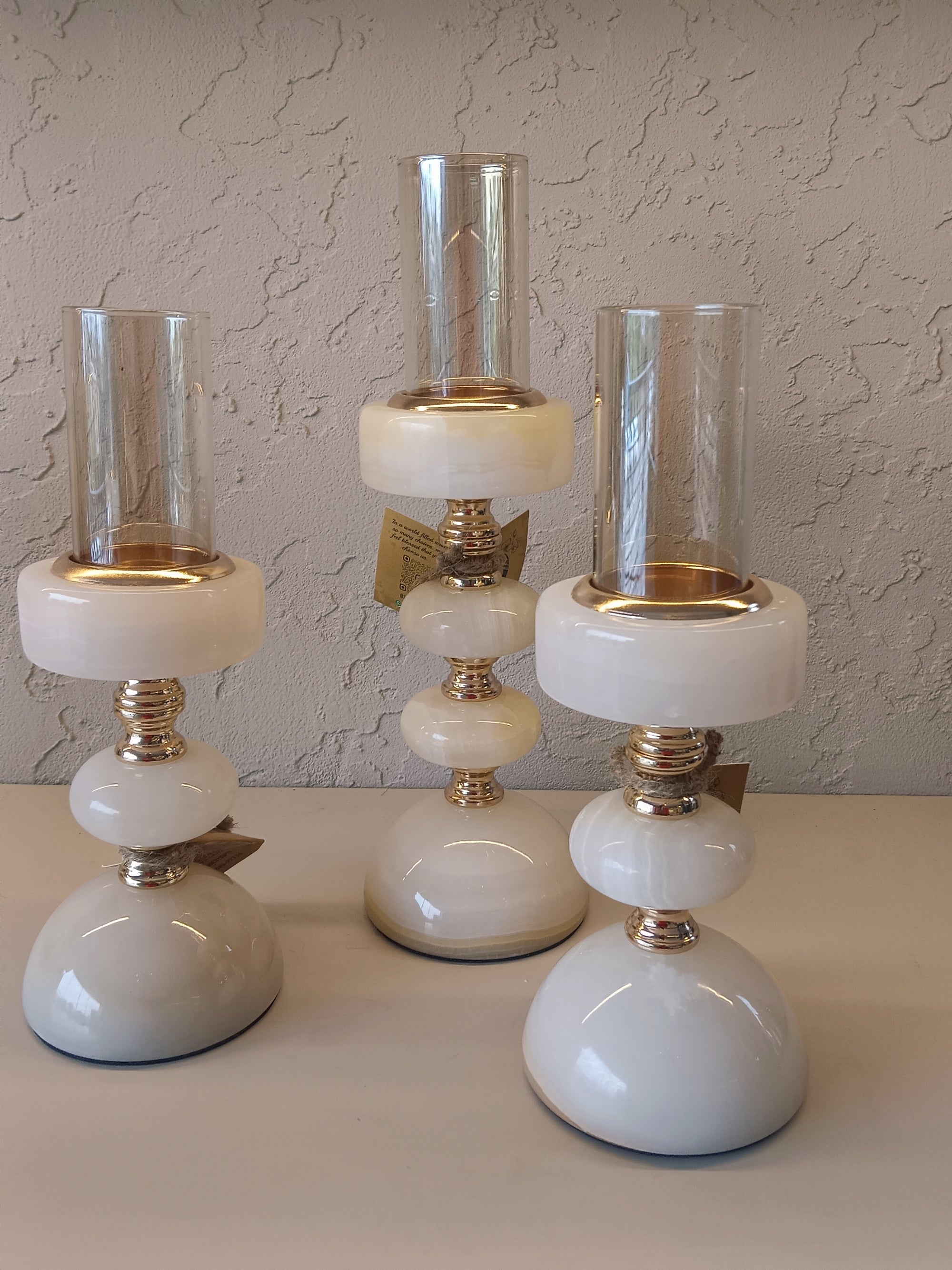 Victorian Elegance - Natural Onyx Marbel & Gold Hurricane Lamp Trio Set Of 3