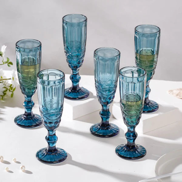 Elegant Blue Champagne Glasses Designed With A Stylish Vintage-Inspired Pattern.