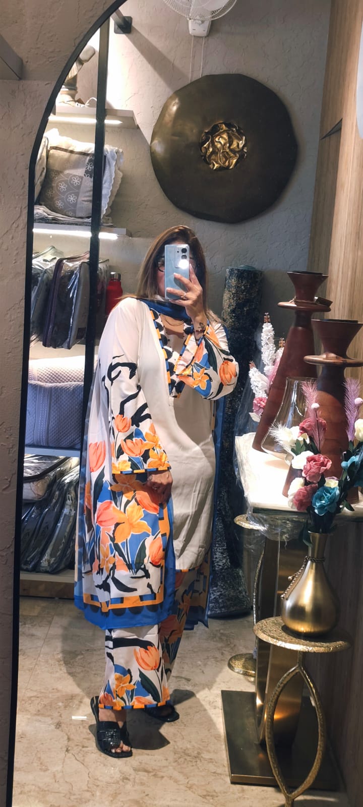 Elegant Floral Print Three-Piece Suit In Cream Base With Vibrant Orange And Blue Accents