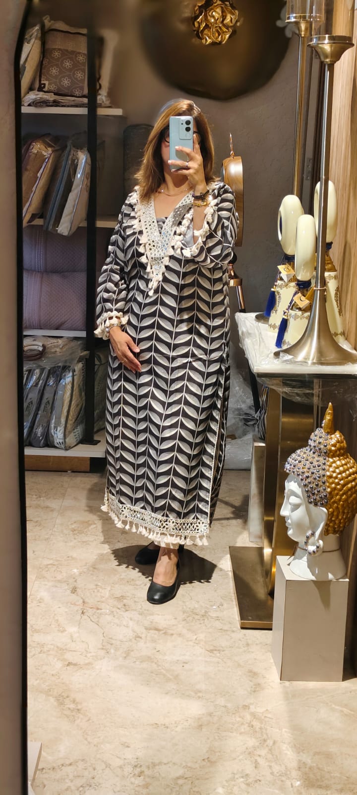 Chic Black And White Printed Kaftan-Style Dress With Intricate Lace And Tassel Detailing