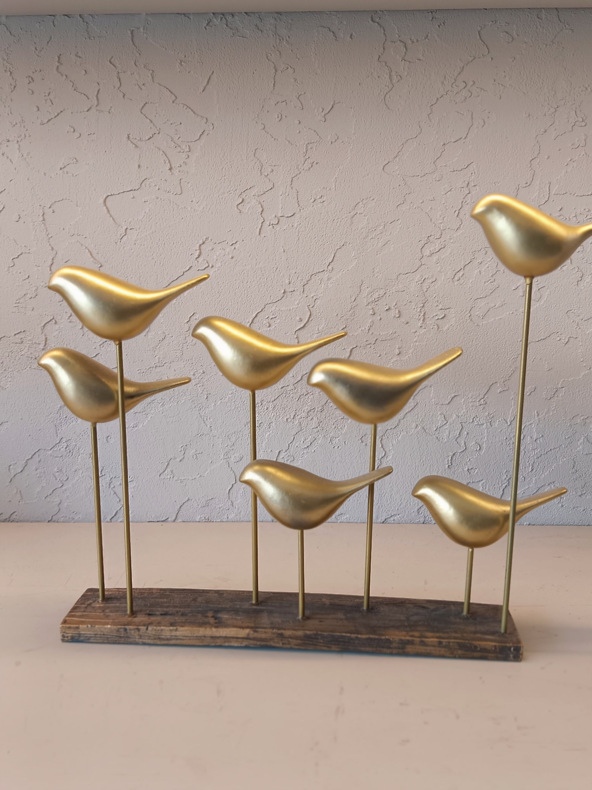 Golden Flock – Elegant Brass Bird Sculpture on Wooden Base