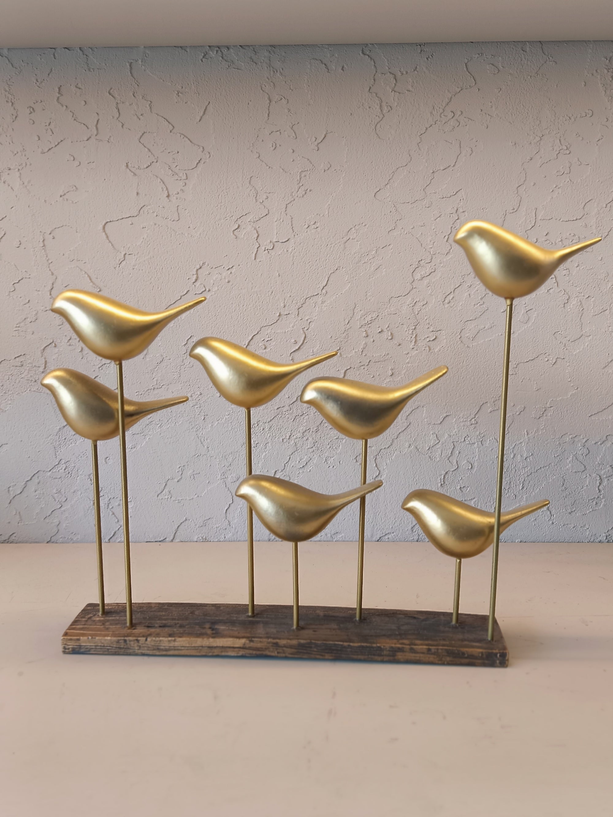 Golden Flock – Elegant Brass Bird Sculpture on Wooden Base