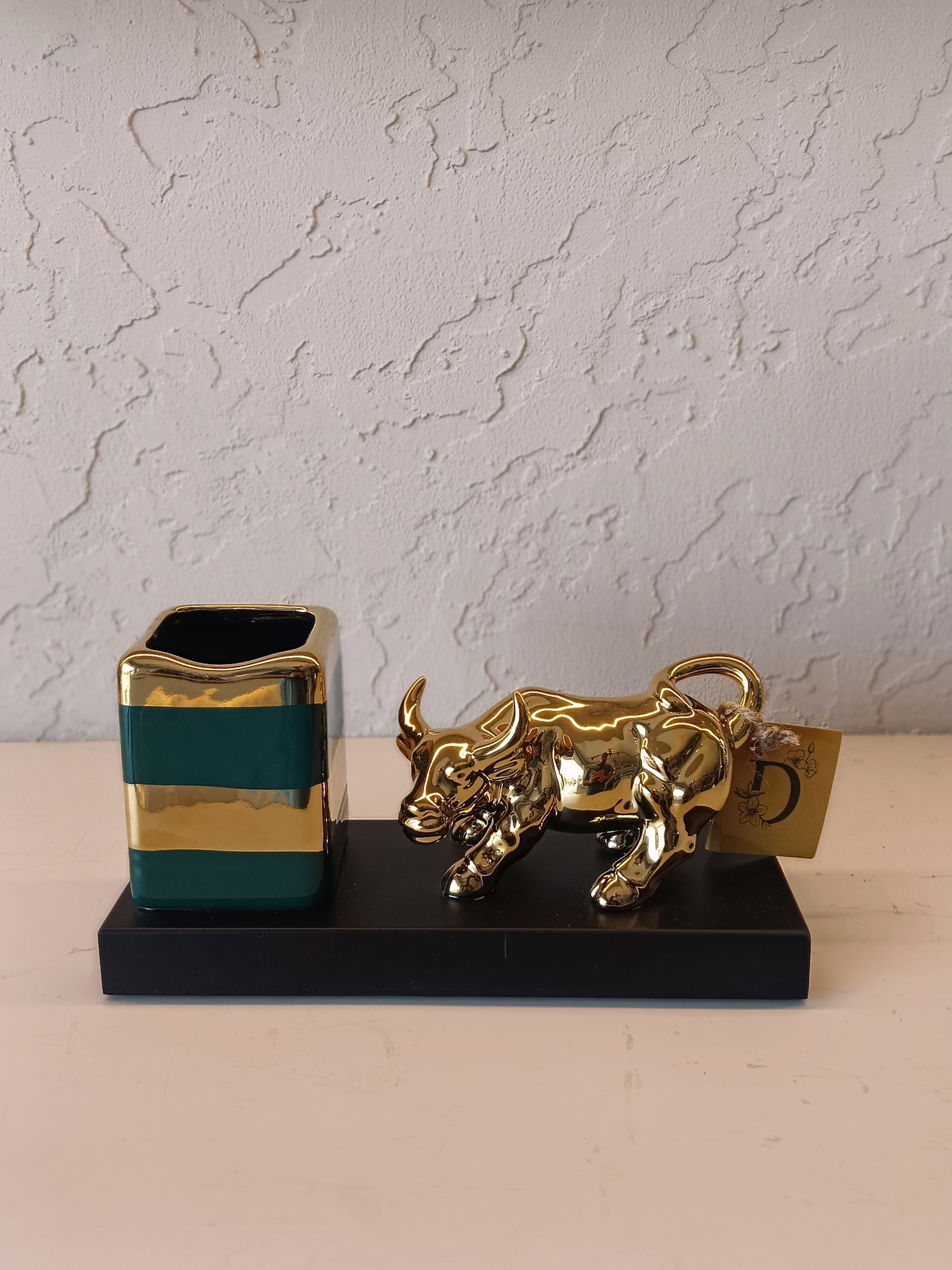 Bull of Fortune – Gold Charging Bull Sculpture with Ceramic Pen Holder