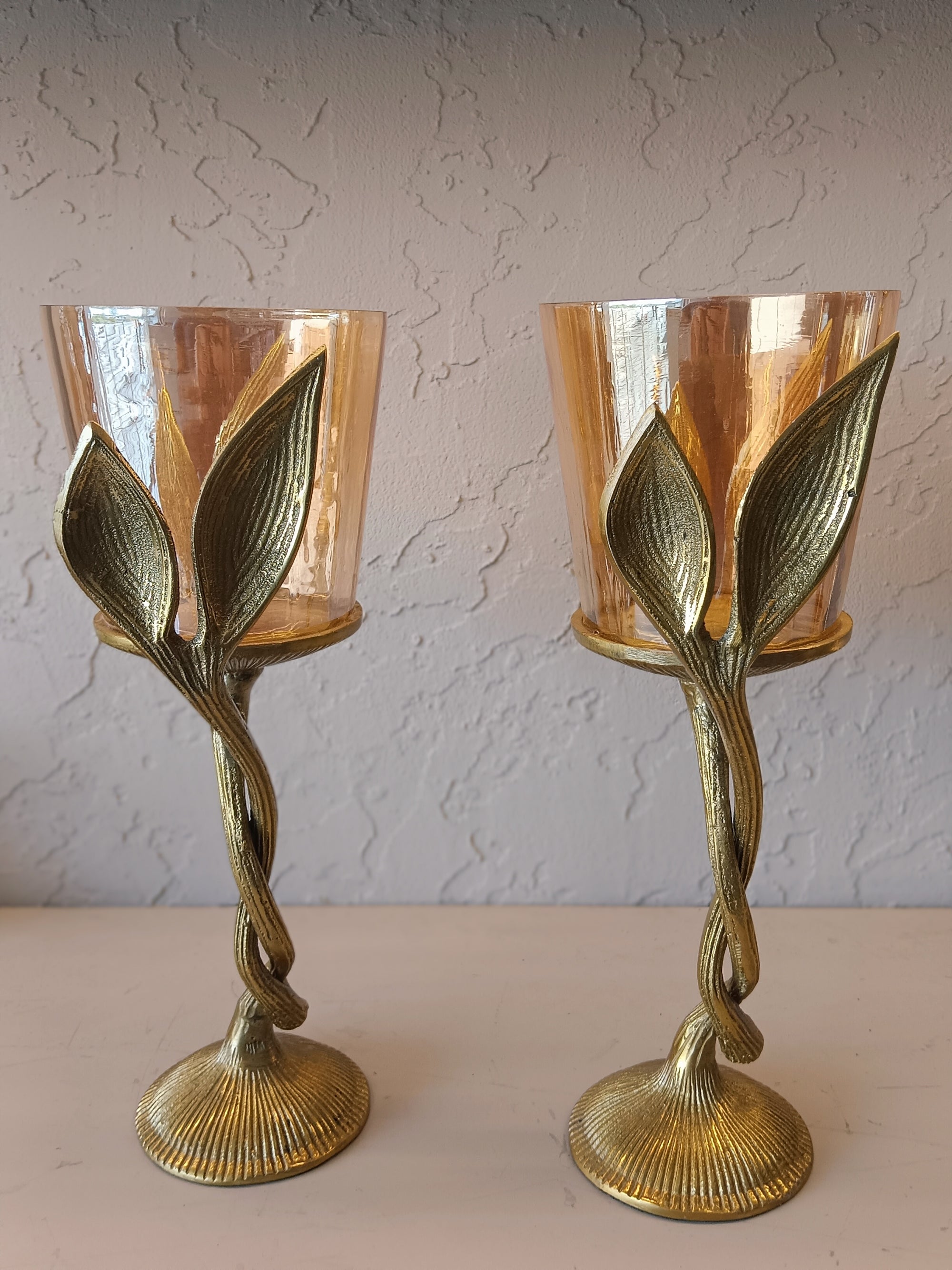 Elysian Flame – Twin Glass Votive Holders with Golden Leaf Stems (Set of 2)