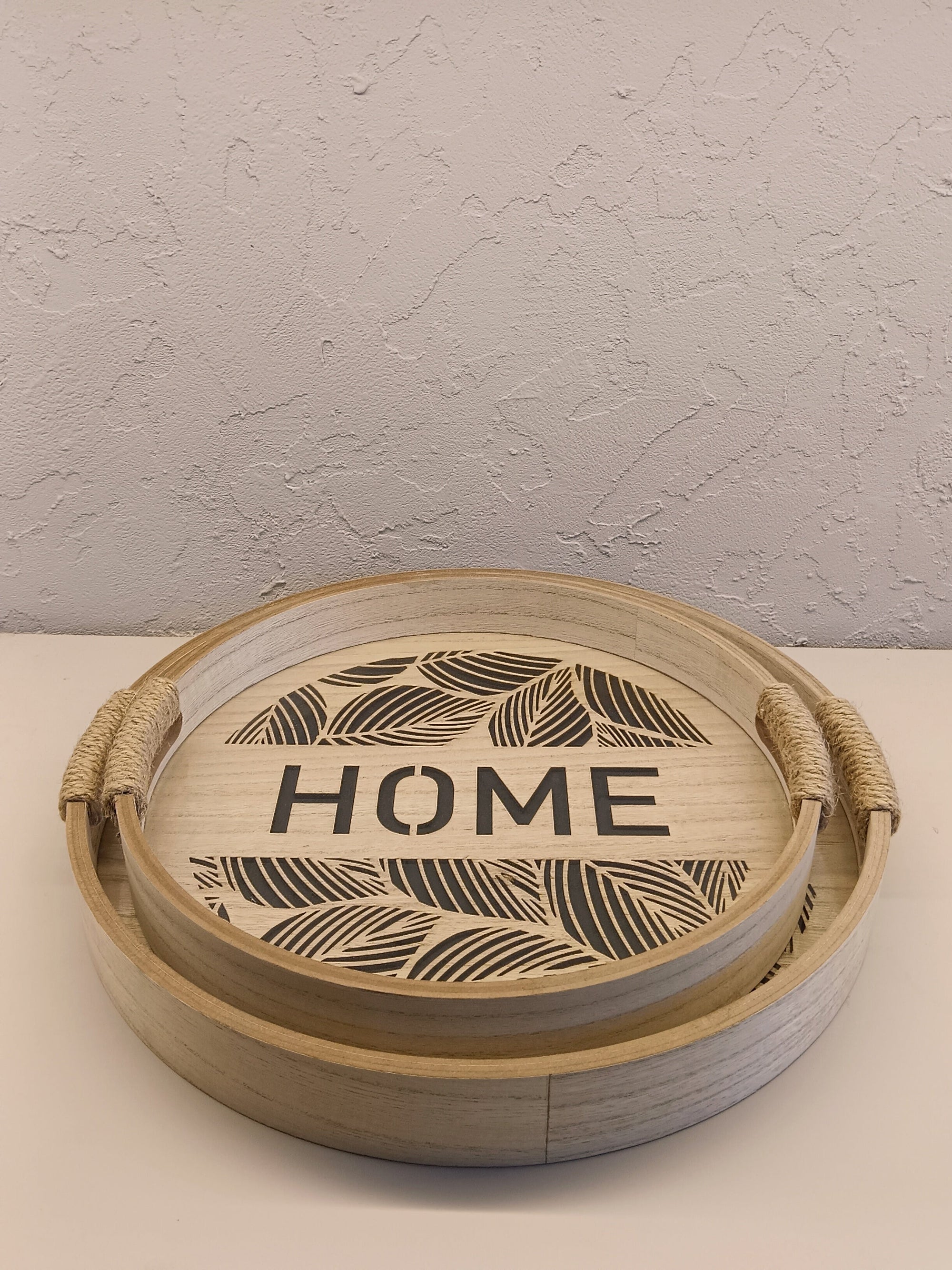 Rustic Wooden Serving Trays with Rope Handles Set of 2 - Farmhouse Decor