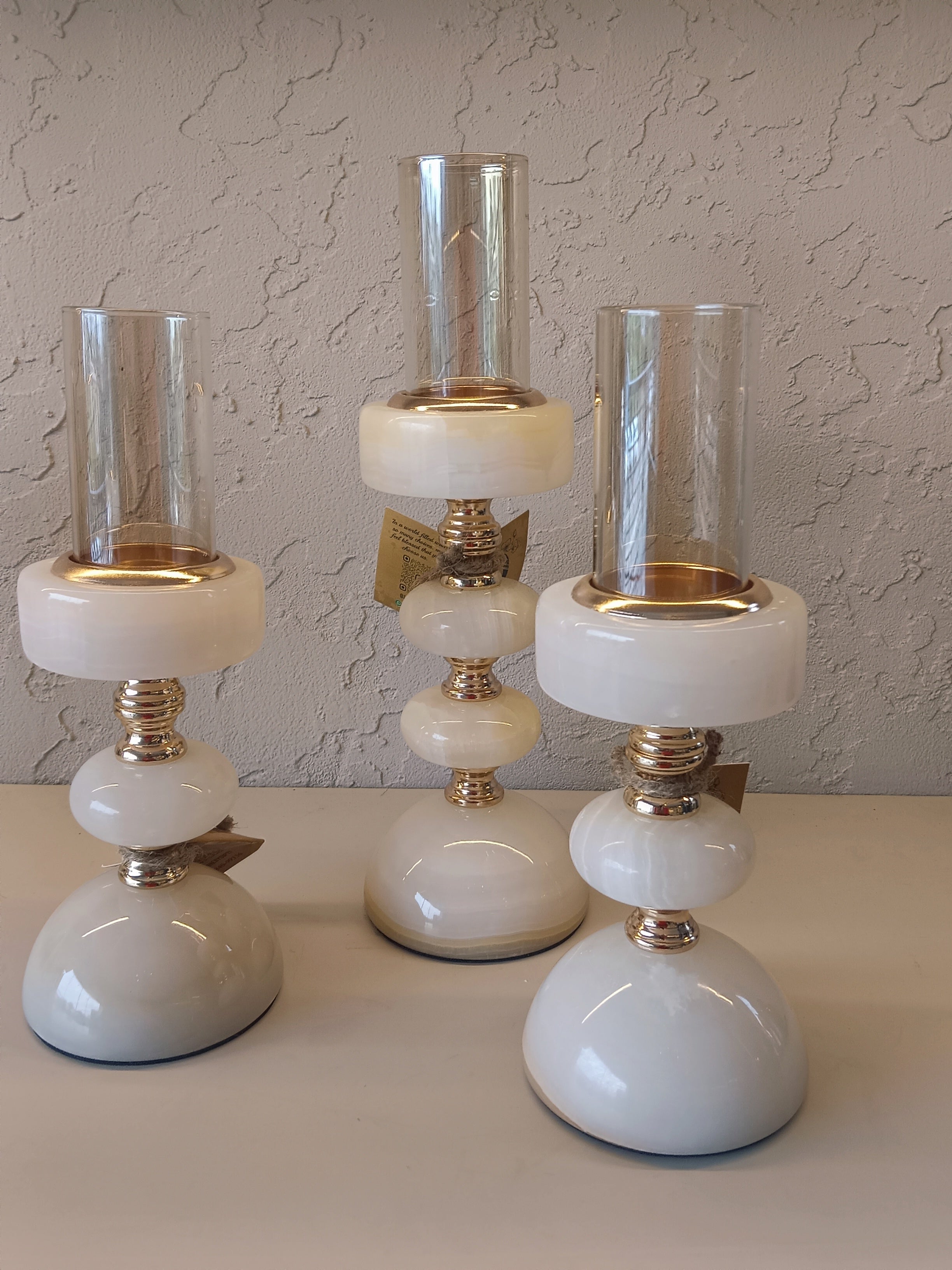 Victorian Elegance - Natural Onyx Marbel & Gold Hurricane Lamp Trio Set Of 3