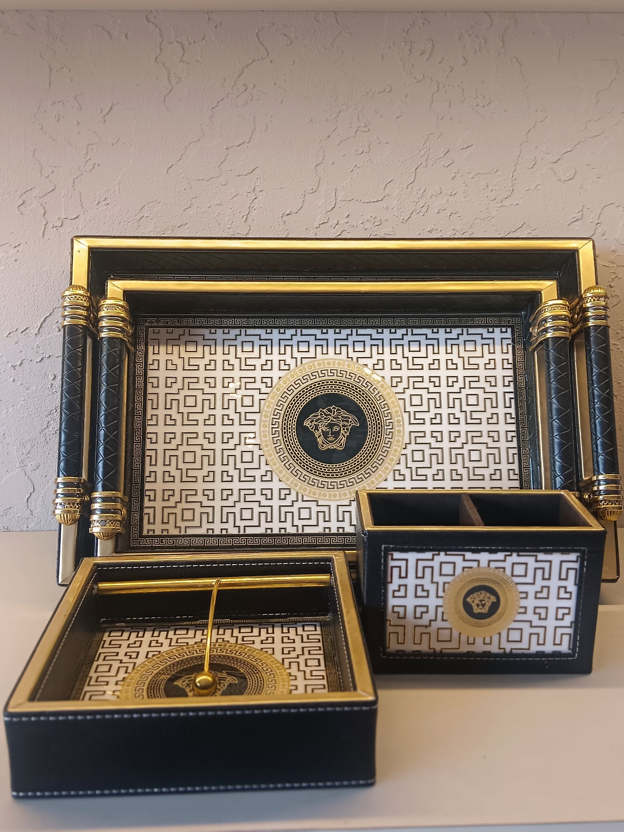 Luxurious Desk Accessory Set Featuring A Tray, A Box, And A Tissue holder