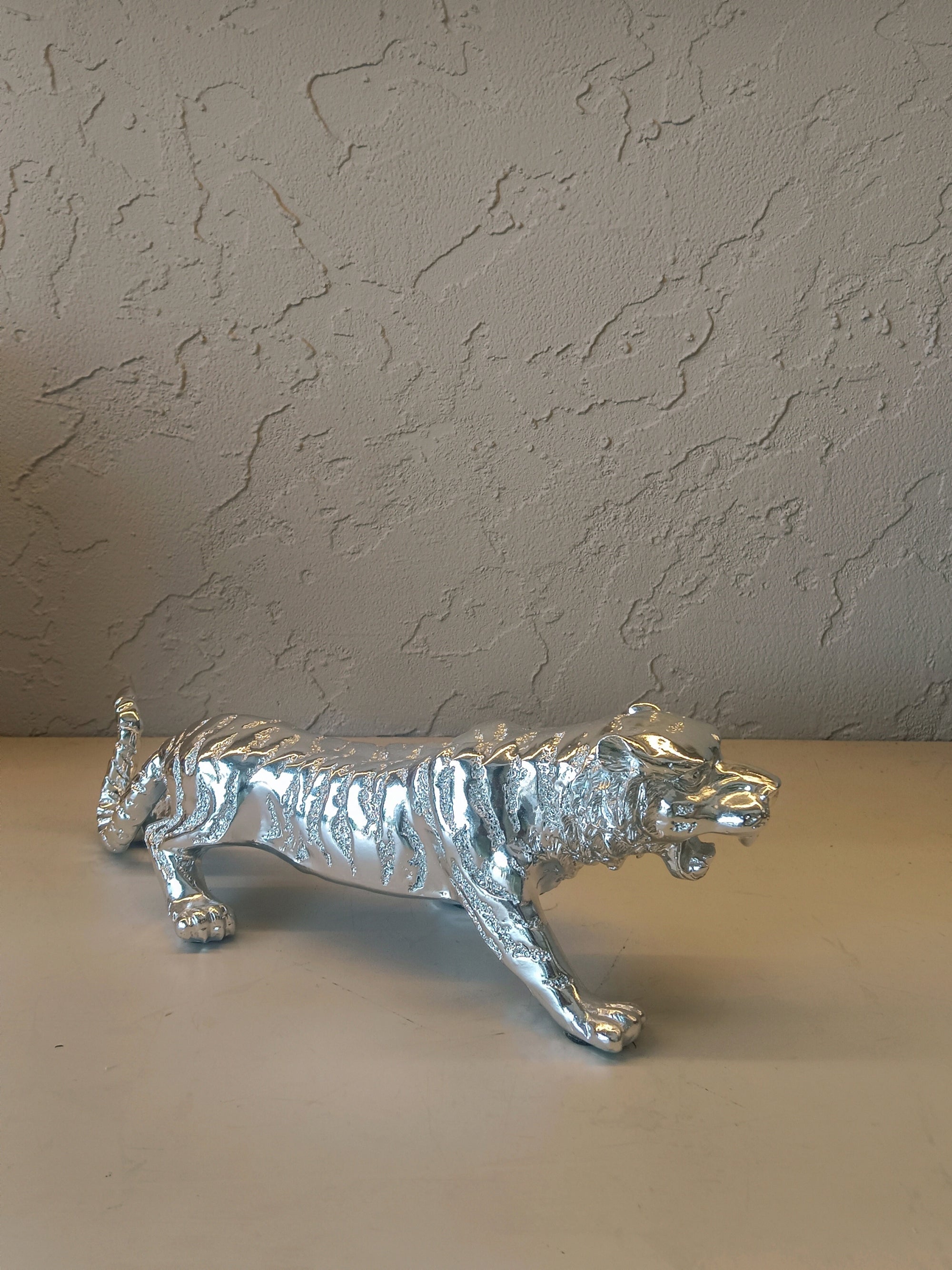Striking Silver Tiger In Dynamic Prowling Pose