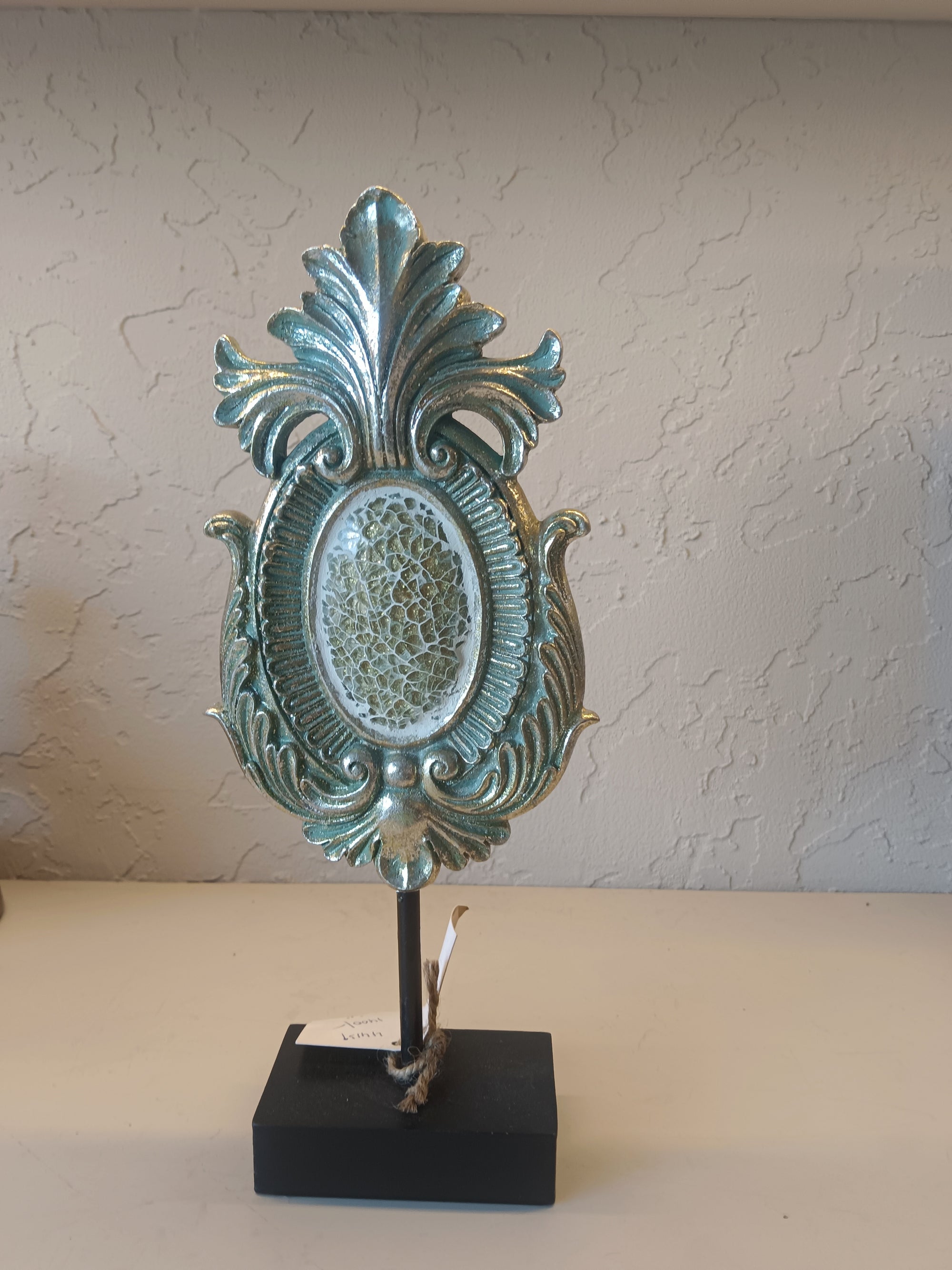 Elegant Decorative Artifact With An Antique-Style Ornate Design In Metallic Teal-Green Finish