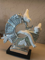 Stylish Ceramic 2 bird Sculpture on a Glossy Silver Ring