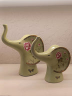 Elephant Figures Featuring A Soft Green Finish With Hand-Painted Floral Patterns Pair