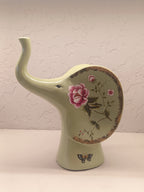 Elephant Figures Featuring A Soft Green Finish With Hand-Painted Floral Patterns Pair