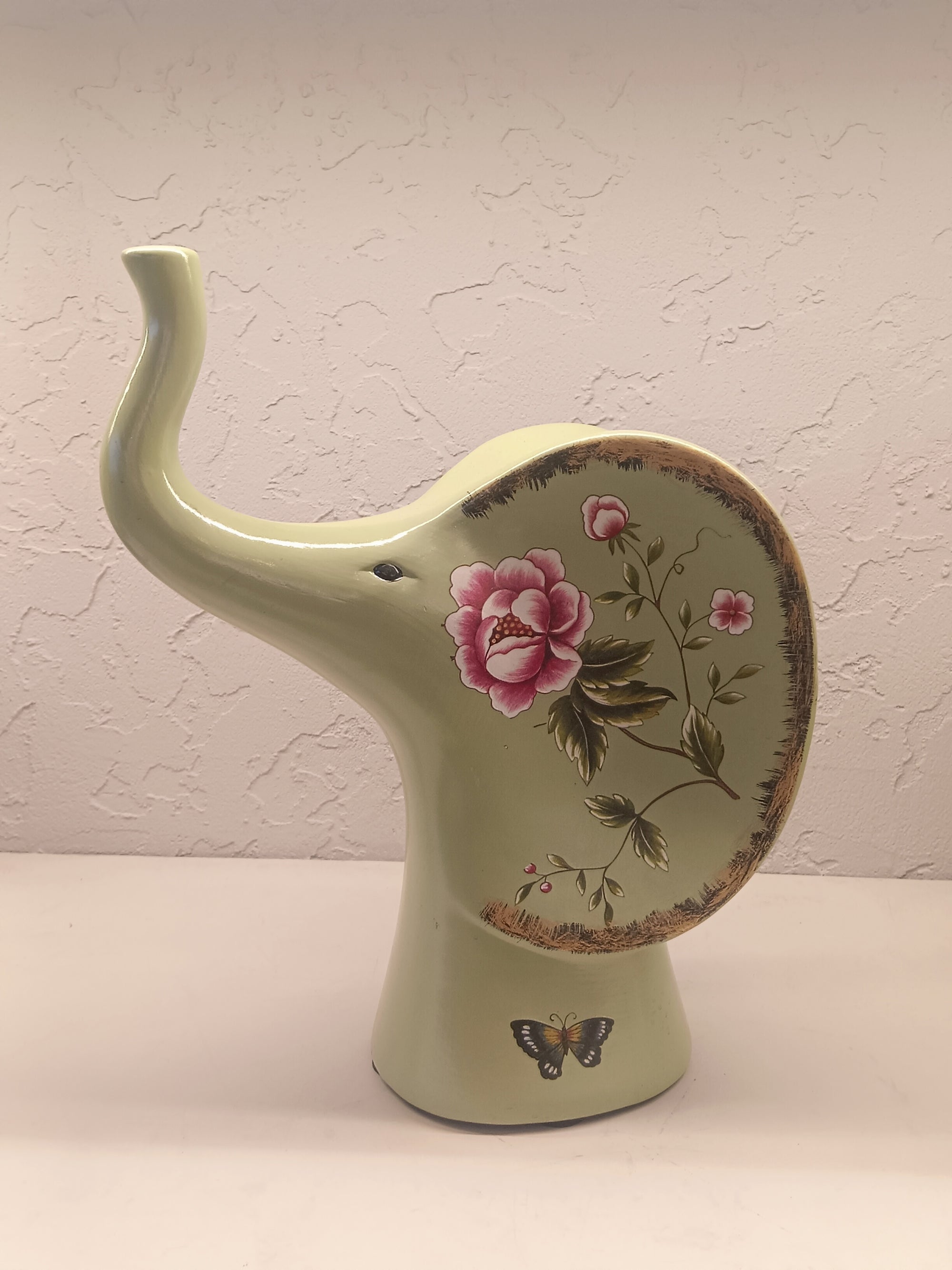 Elephant Figures Featuring A Soft Green Finish With Hand-Painted Floral Patterns Pair