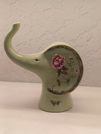 Elephant Figures Featuring A Soft Green Finish With Hand-Painted Floral Patterns Pair