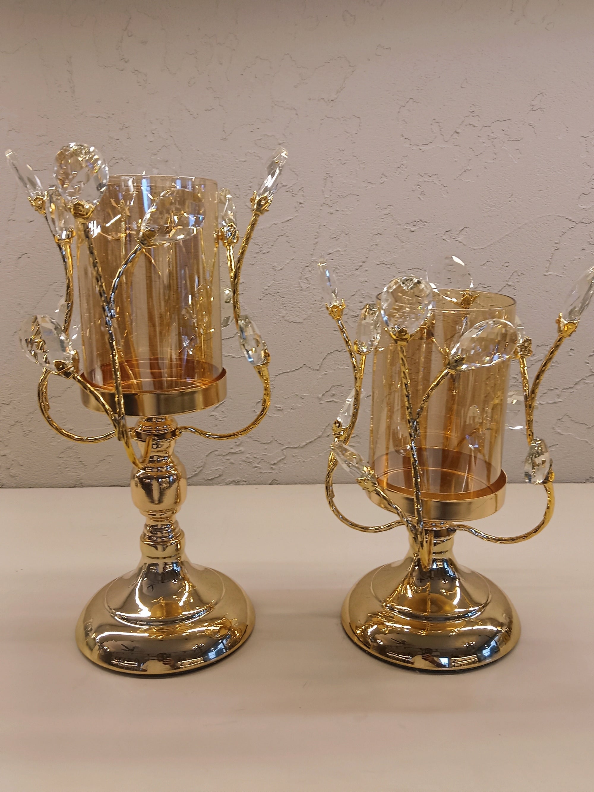 Elegant pair Of Gold -Finish Candle Holders With Crystals