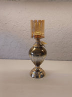 Candle Holders With A Reflective Silver Finish And Amber -Tinted Glass