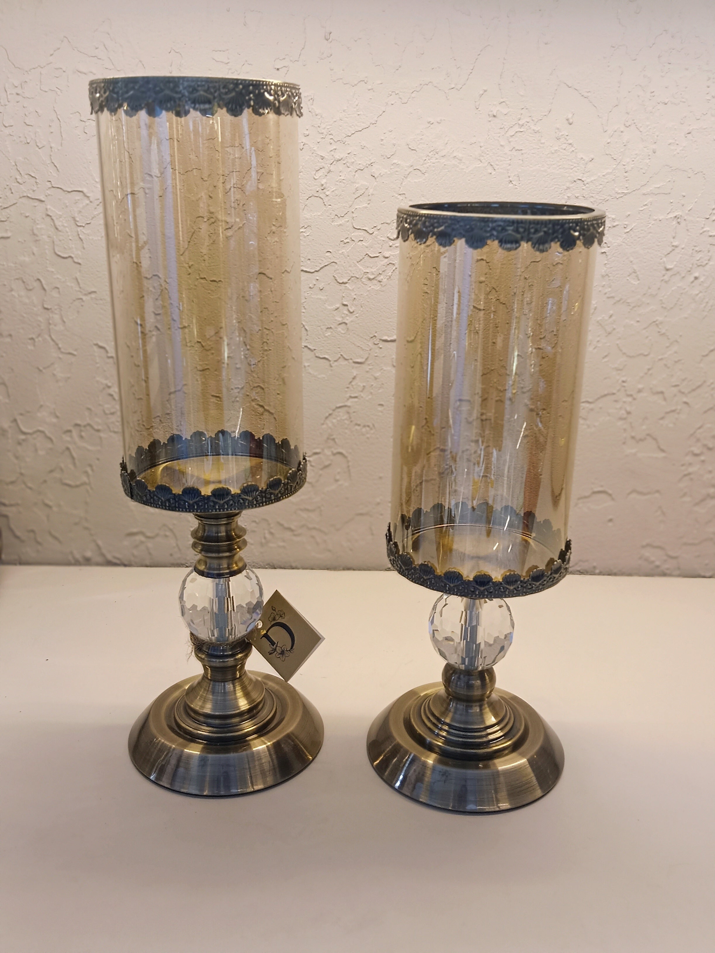 Candle Holders With Ornate Metallic With Top And  Bottom Metal Carving