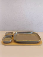 Modern Ceramic Serving Set With two Small Bowls and One Rectangular Wooden Tray