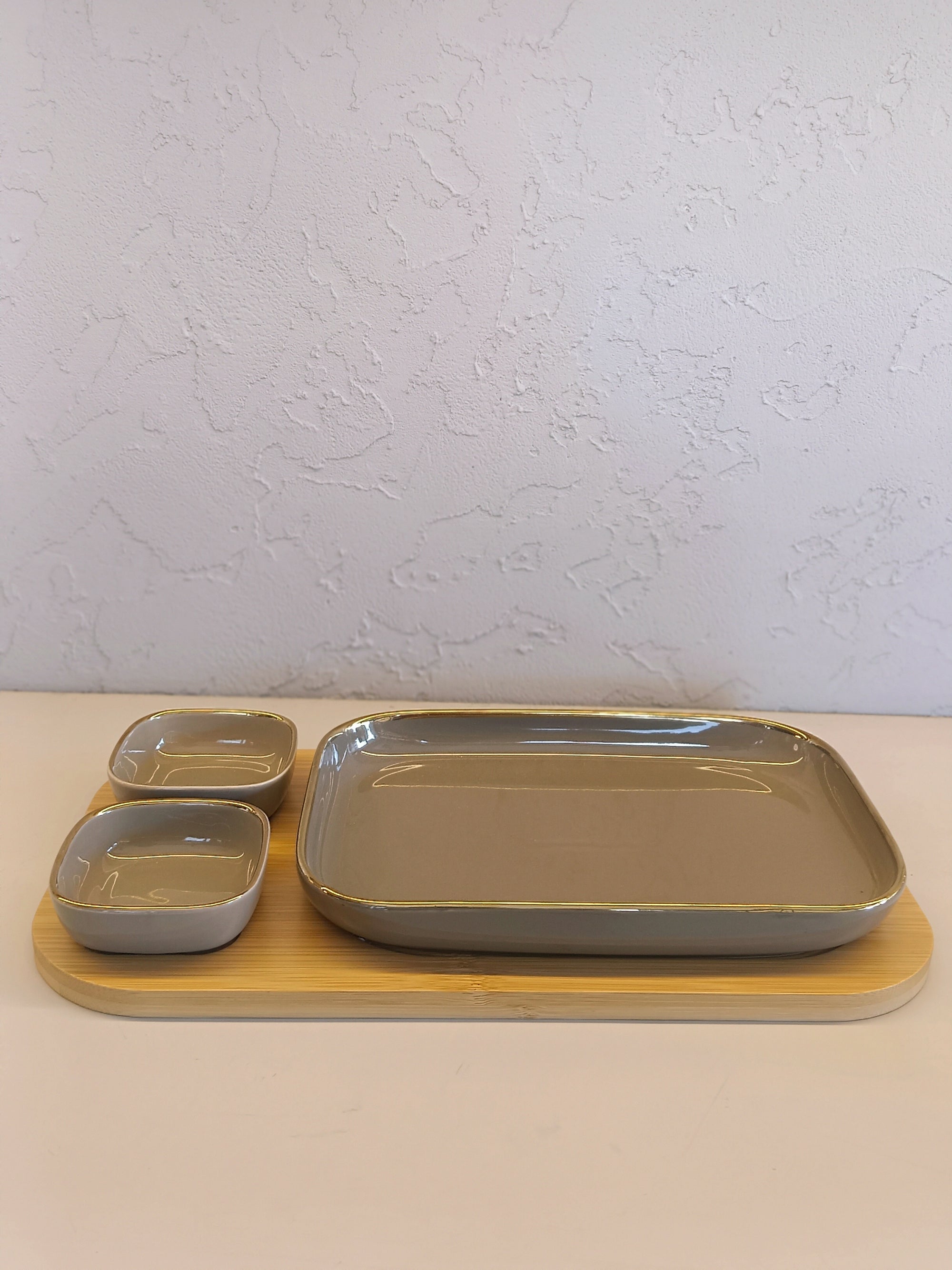 Modern Ceramic Serving Set With two Small Bowls and One Rectangular Wooden Tray