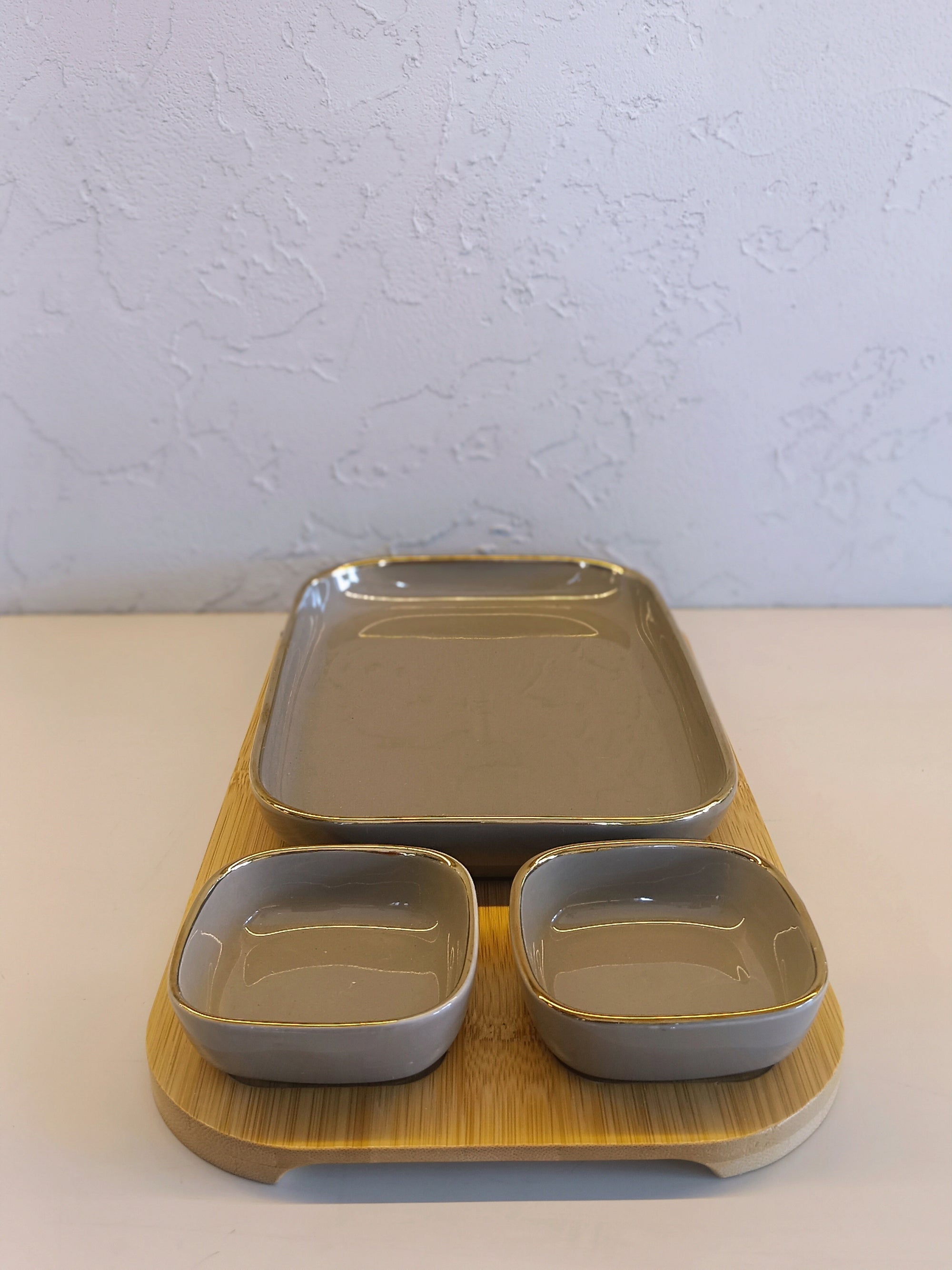 Modern Ceramic Serving Set With two Small Bowls and One Rectangular Wooden Tray