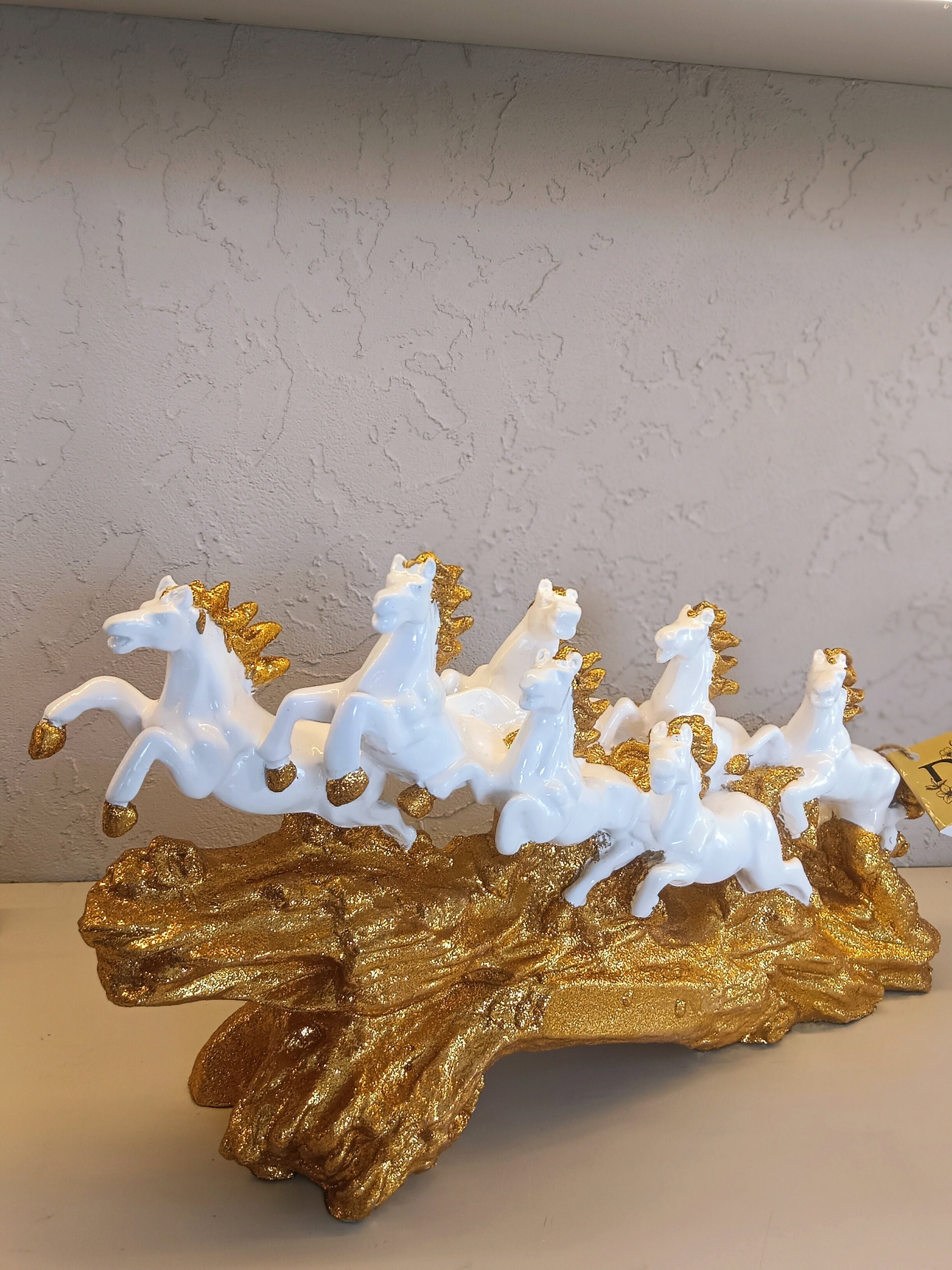 Stunning Decorative Showpiece Featuring Seven Galloping white Horses With Golden Detailing