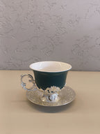 Luxury Set Of 6 Pcs Ceramic Cups With Ornate Silver Handel And Matching Saucers
