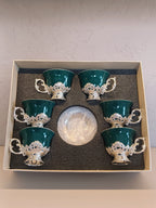 Luxury Set Of 6 Pcs Ceramic Cups With Ornate Silver Handel And Matching Saucers