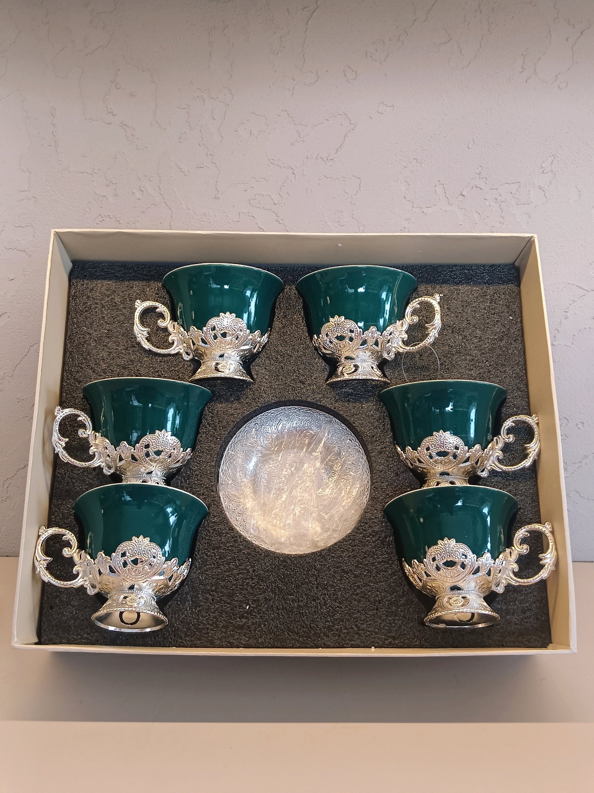 Luxury Set Of 6 Pcs Ceramic Cups With Ornate Silver Handel And Matching Saucers