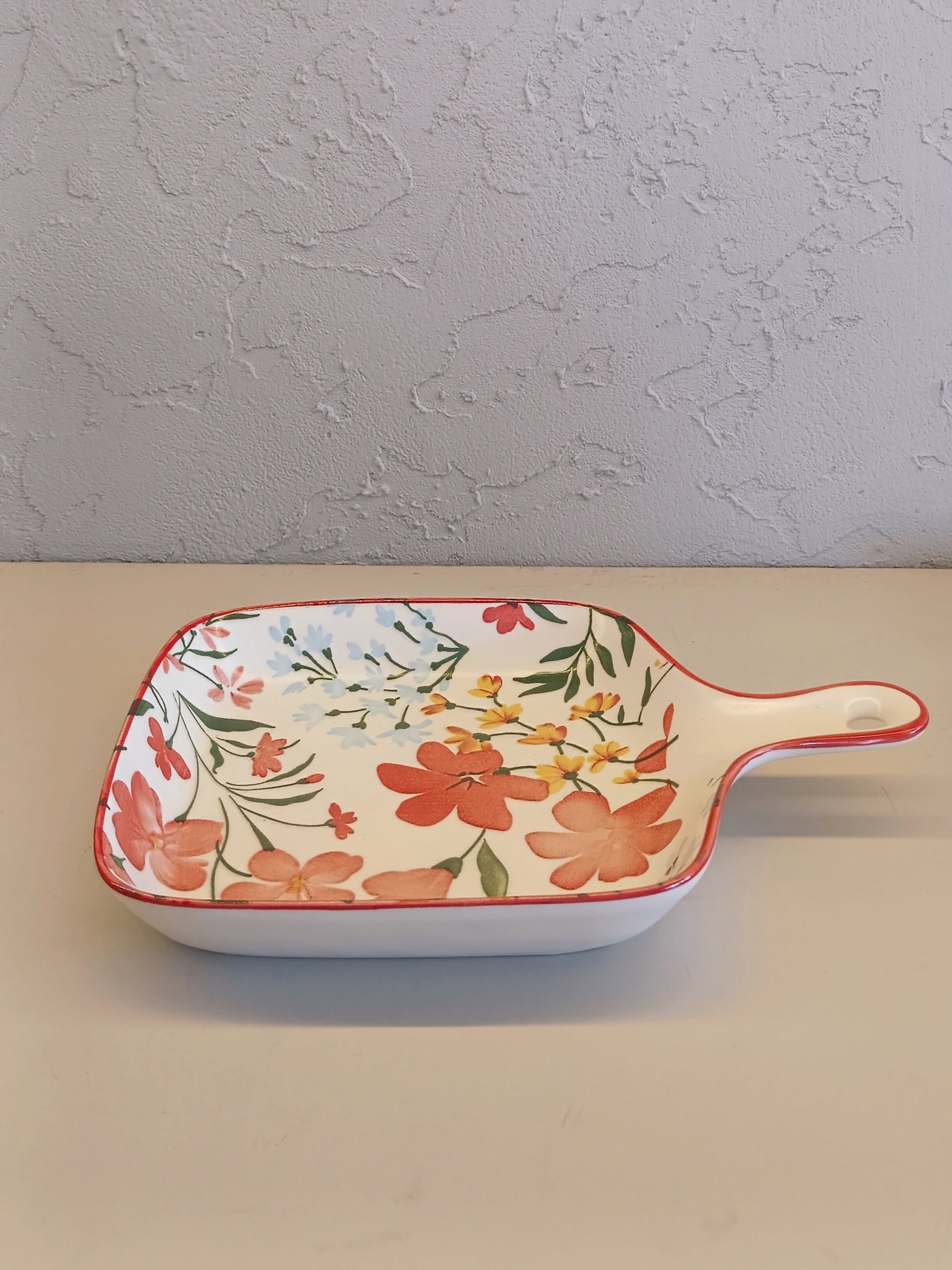 Set Of Ceramic Serving Dishes With Handles, Decorated With A Vibrant Floral Pattern