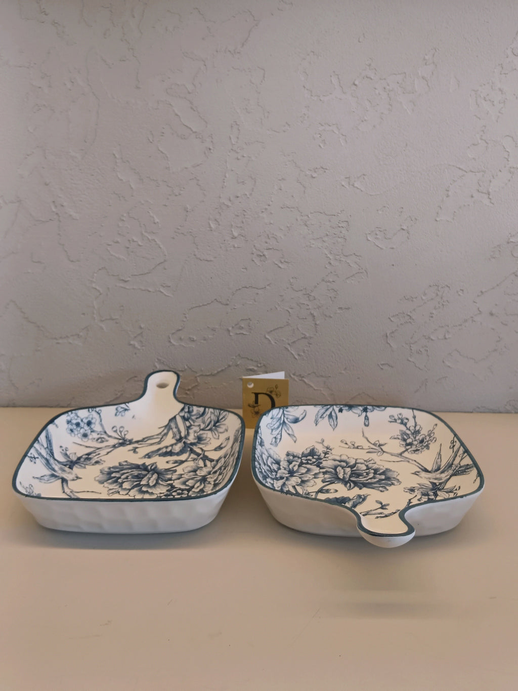 Set Of Two Ceramic Serving Dishes, Featuring Elegant Blue Floral And Bird Motifs