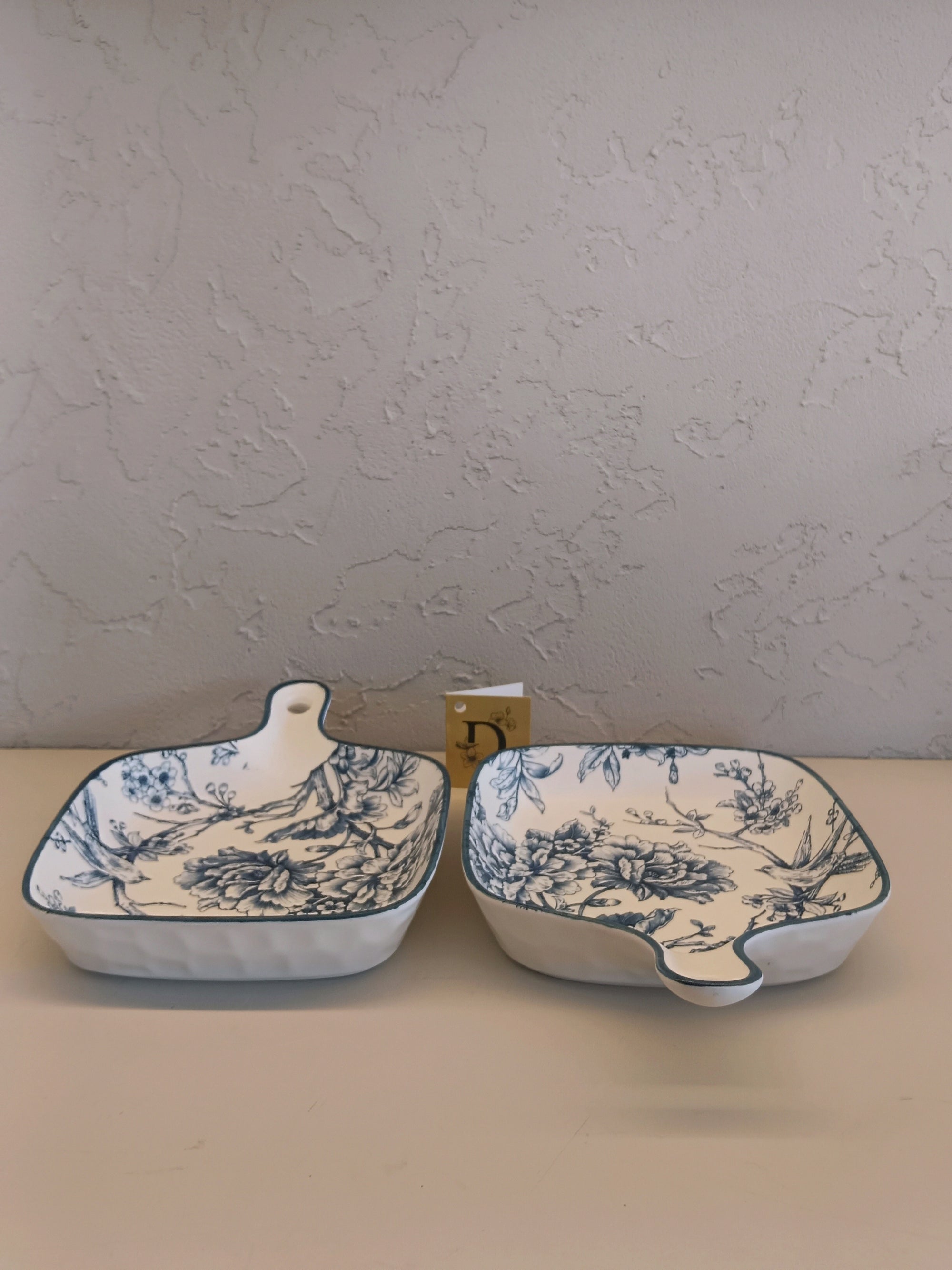 Set Of Two Ceramic Serving Dishes, Featuring Elegant Blue Floral And Bird Motifs