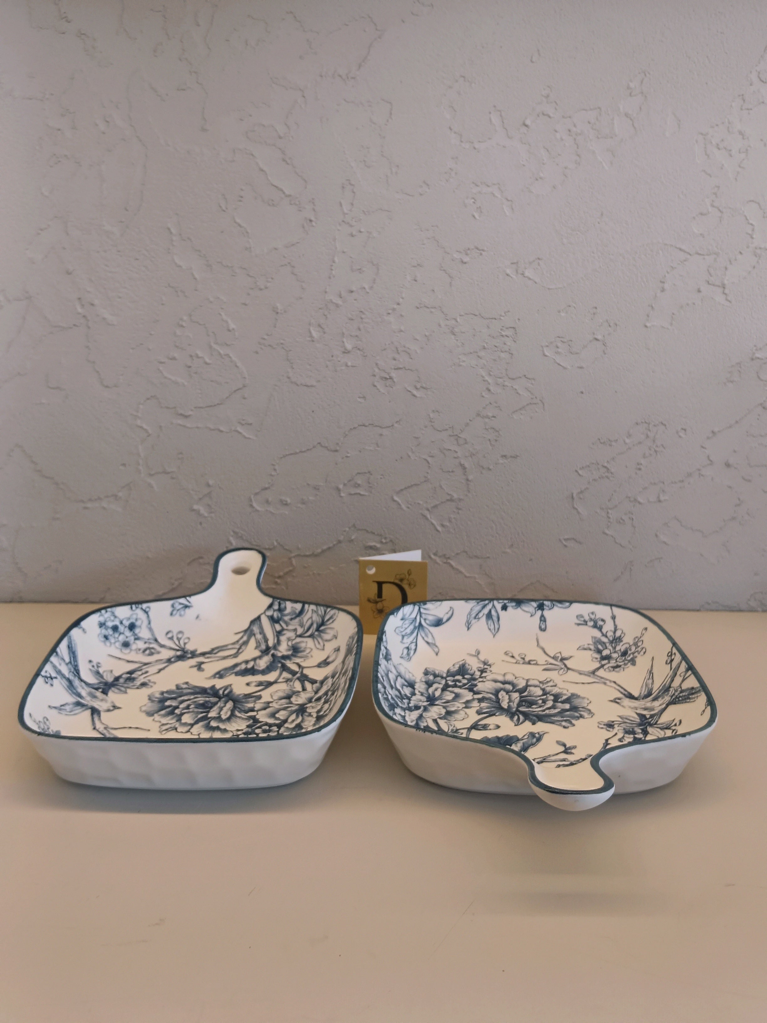 Set Of Two Ceramic Serving Dishes, Featuring Elegant Blue Floral And Bird Motifs