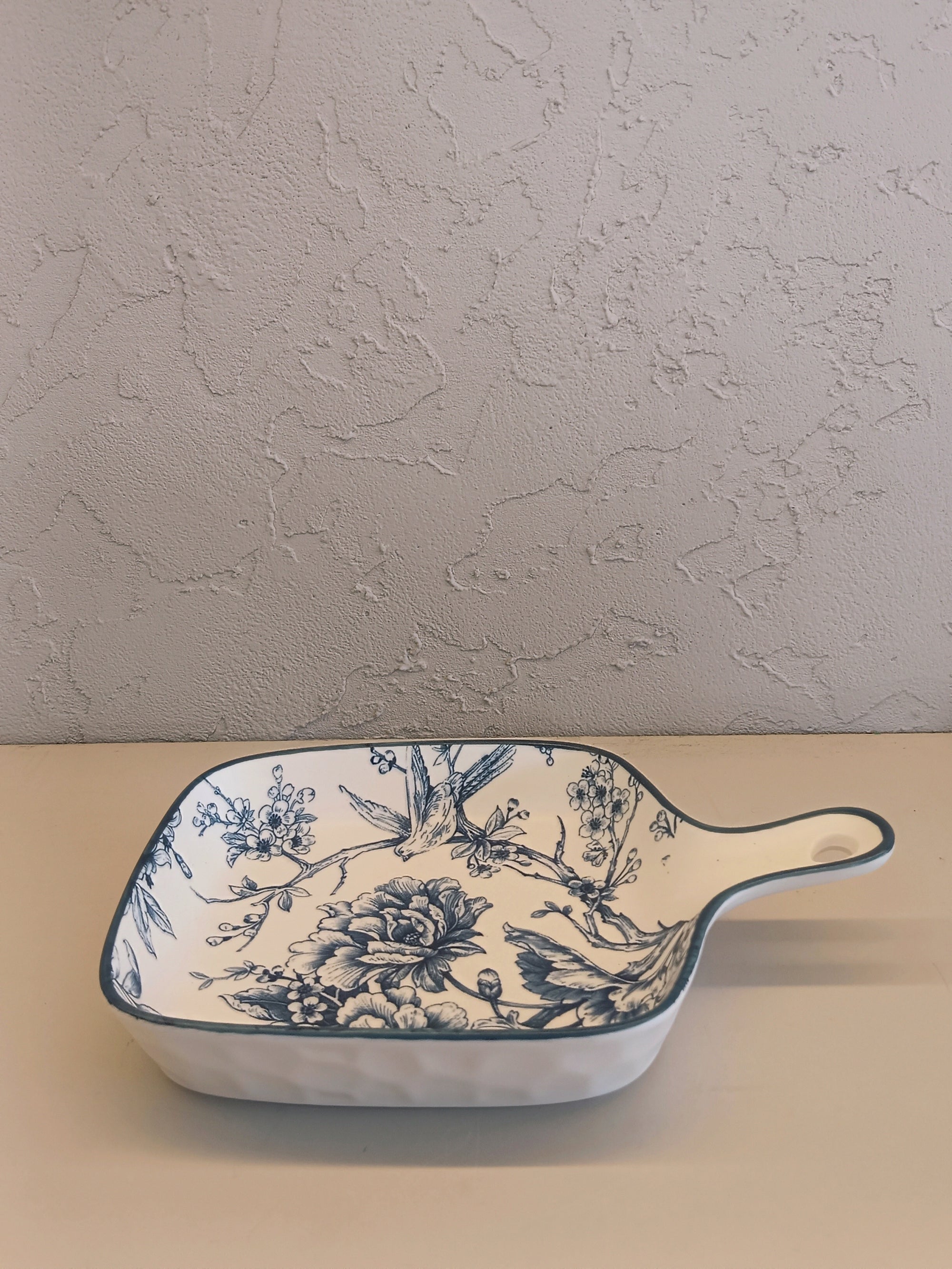 Set Of Two Ceramic Serving Dishes, Featuring Elegant Blue Floral And Bird Motifs