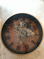 Designer Center Table With A Unique Clock-Themed Glass Top, Featuring Intricate Moving Gear Set On A Metallic Base