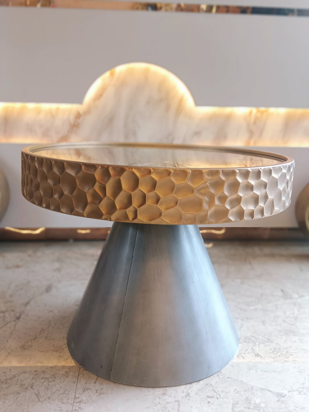 Designer Center Table With A Unique Clock-Themed Glass Top, Featuring Intricate Moving Gear Set On A Metallic Base