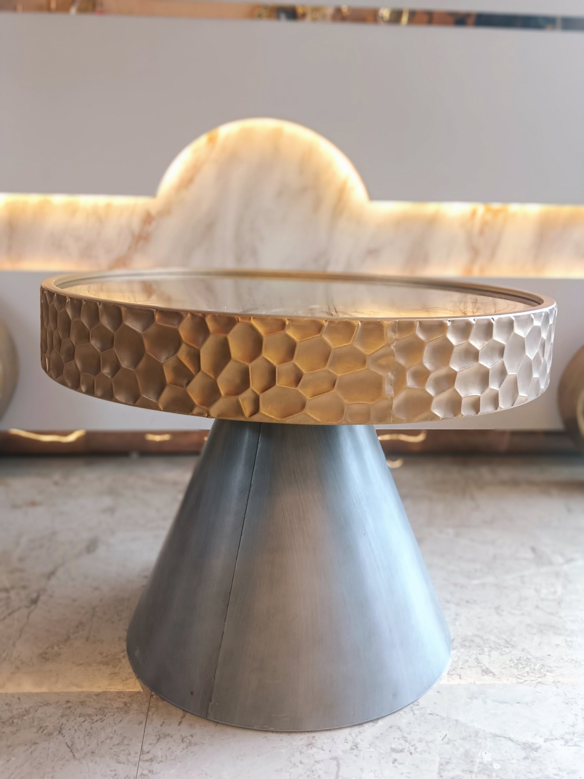 Designer Center Table With A Unique Clock-Themed Glass Top, Featuring Intricate Moving Gear Set On A Metallic Base