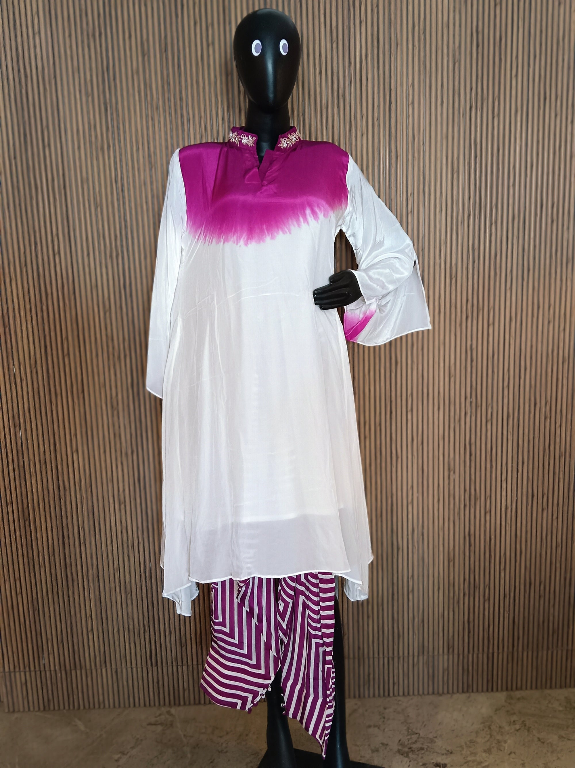 Contemporary Magenta And White Striped Farshi Pants, Paired With A Flowy White Kurti Featuring A Magenta Dip-Dye