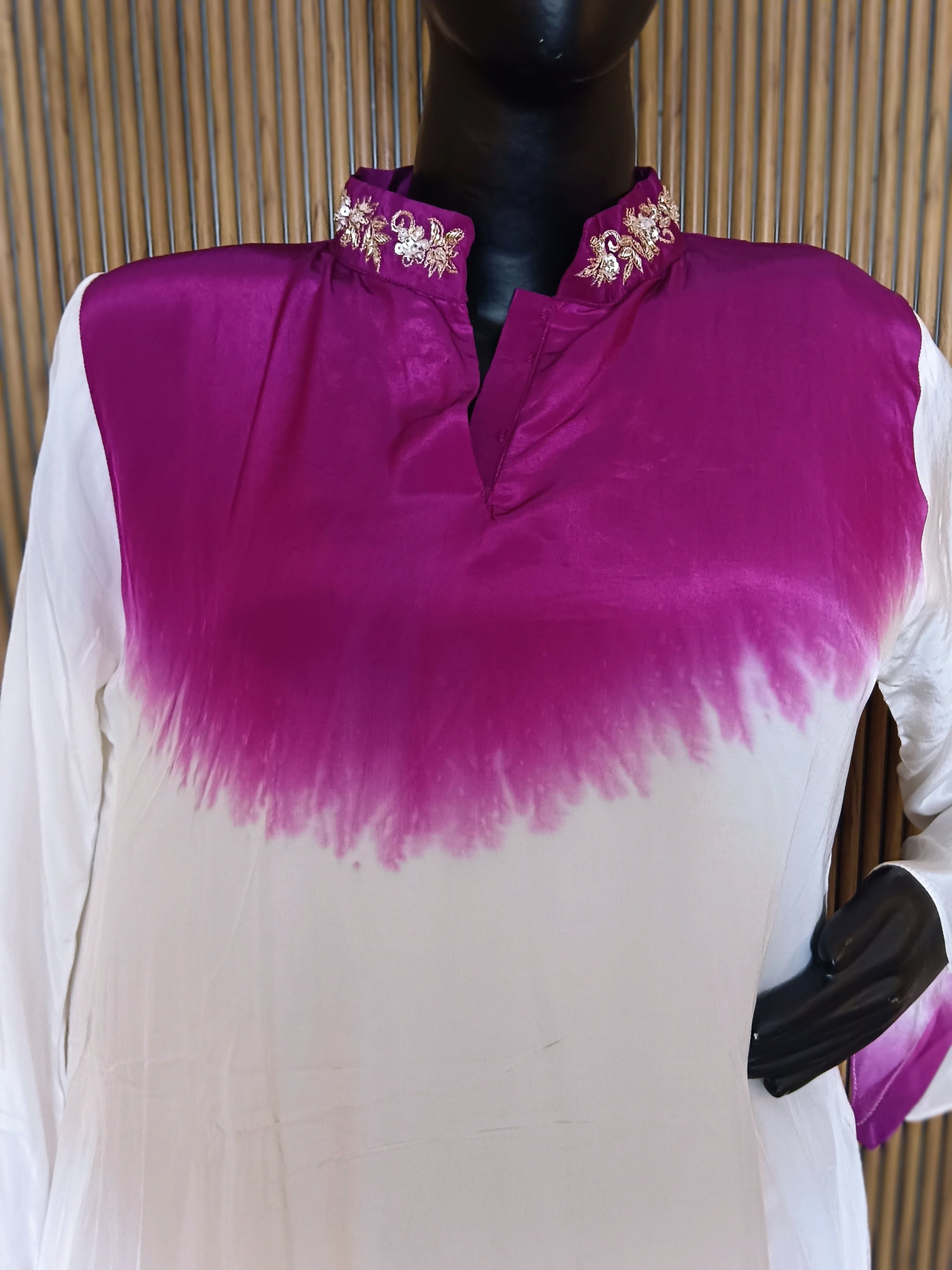 Contemporary Magenta And White Striped Farshi Pants, Paired With A Flowy White Kurti Featuring A Magenta Dip-Dye