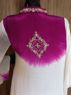 Contemporary Magenta And White Striped Farshi Pants, Paired With A Flowy White Kurti Featuring A Magenta Dip-Dye