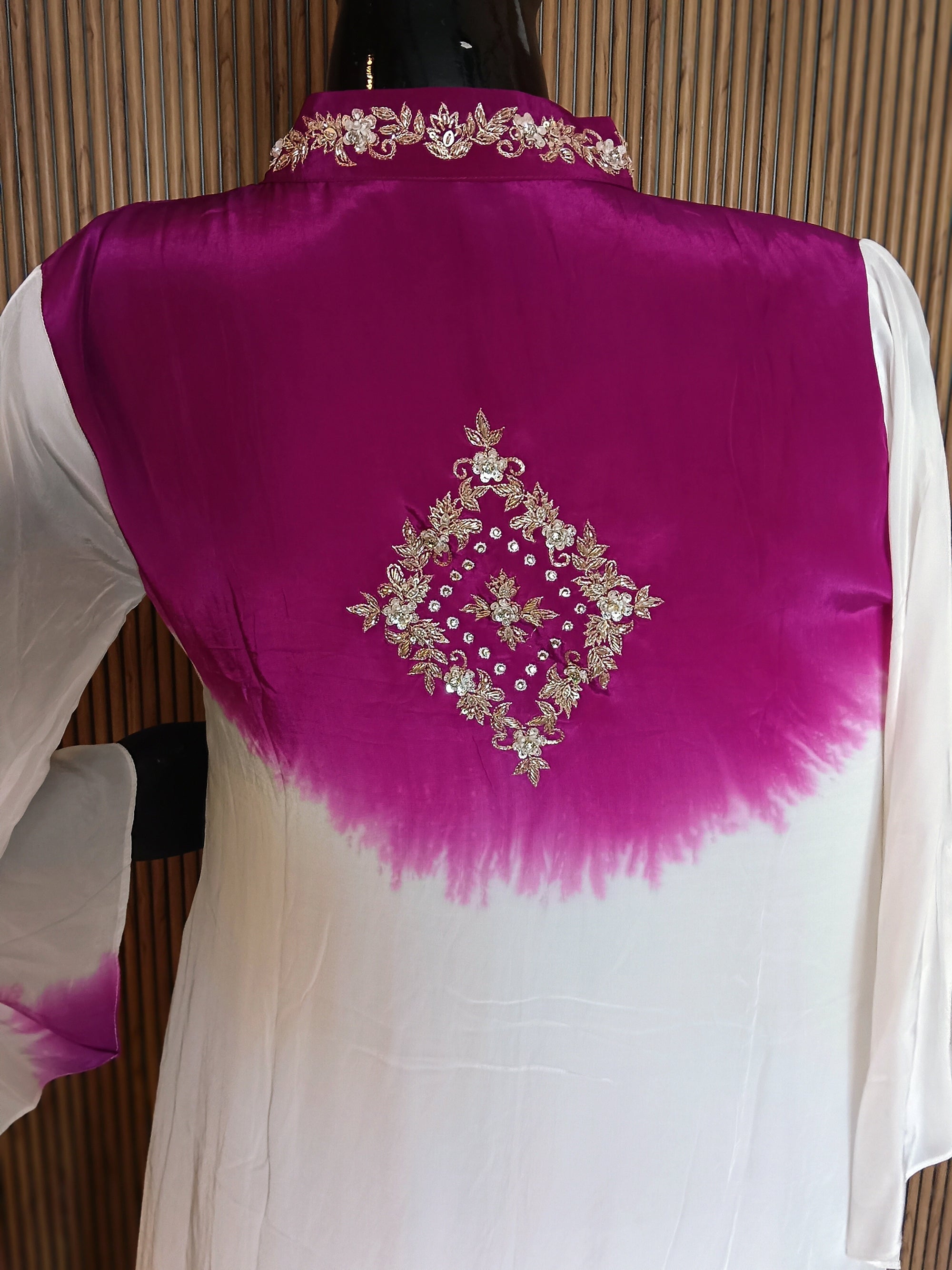 Contemporary Magenta And White Striped Farshi Pants, Paired With A Flowy White Kurti Featuring A Magenta Dip-Dye
