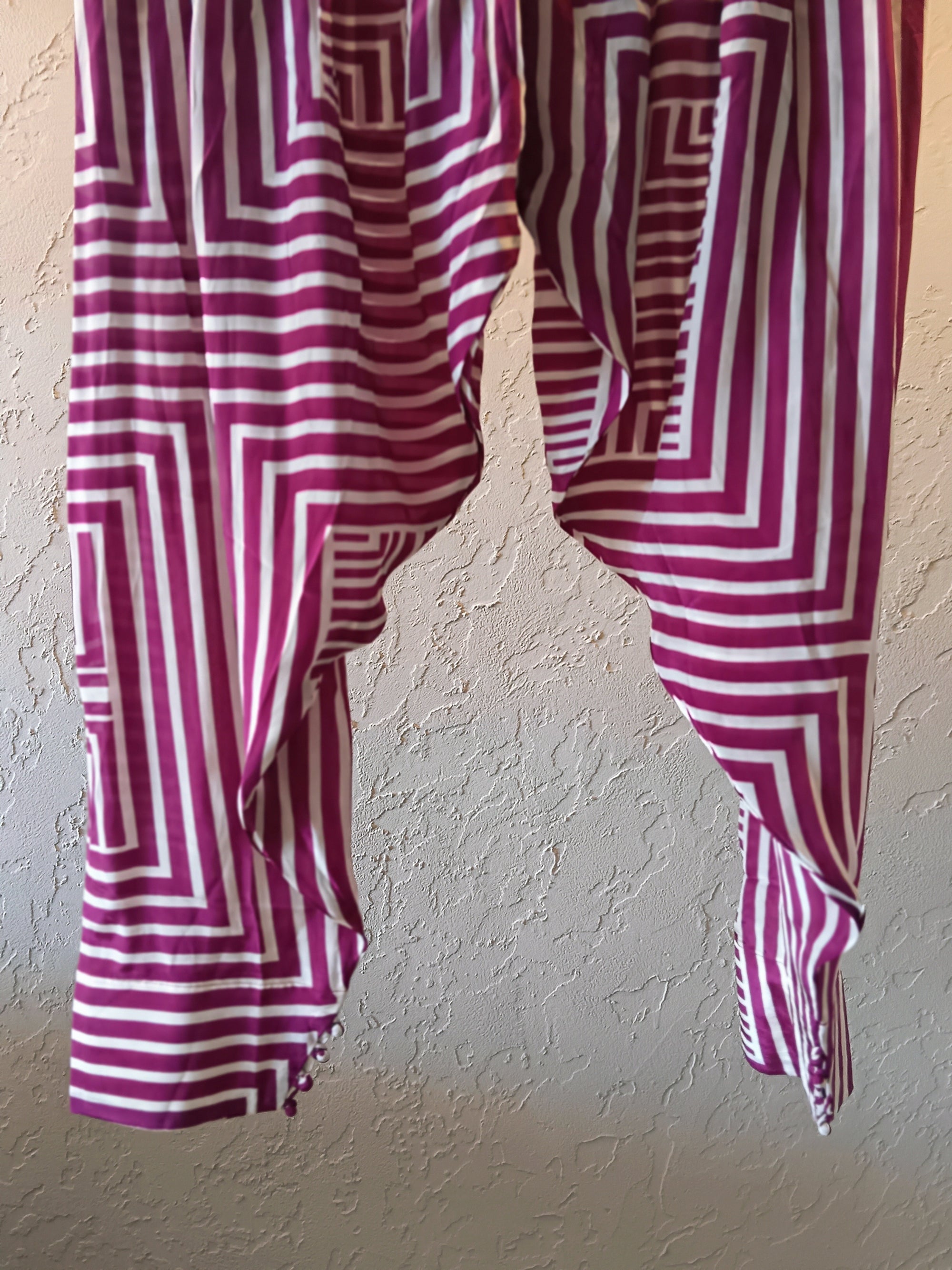 Contemporary Magenta And White Striped Farshi Pants, Paired With A Flowy White Kurti Featuring A Magenta Dip-Dye