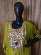Olive Green Ethnic Kurti Made From Crinkle-Texture Fabric, Featuring Lavish Mirror And Sequin Embroidery On The Yoke