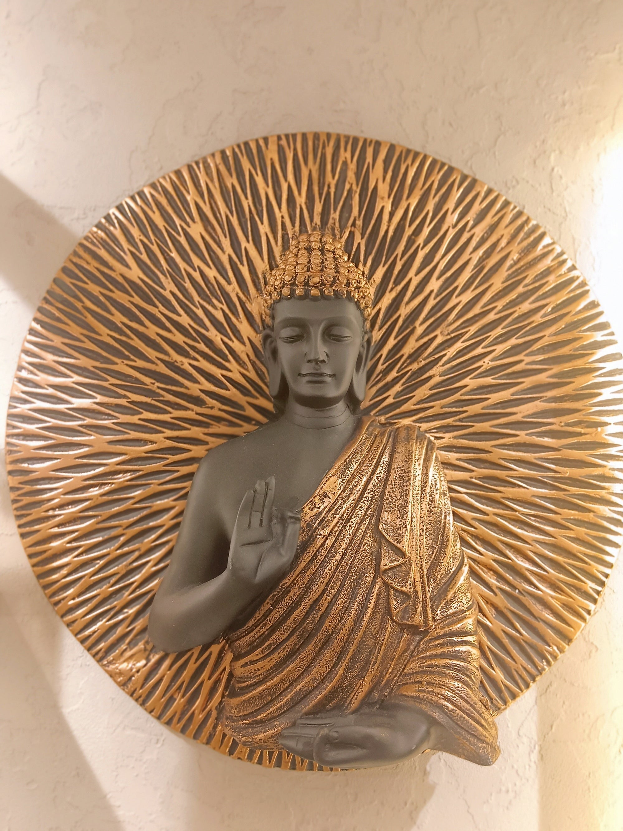 Buddha Wall Art Piece, Featuring a Black And Copper Buddha Figure in A Traditional Blessing Posture