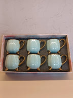 Stylish Ceramic Cup Set Of 6 With A Glossy Pastel Blue Finish And Golden Accents