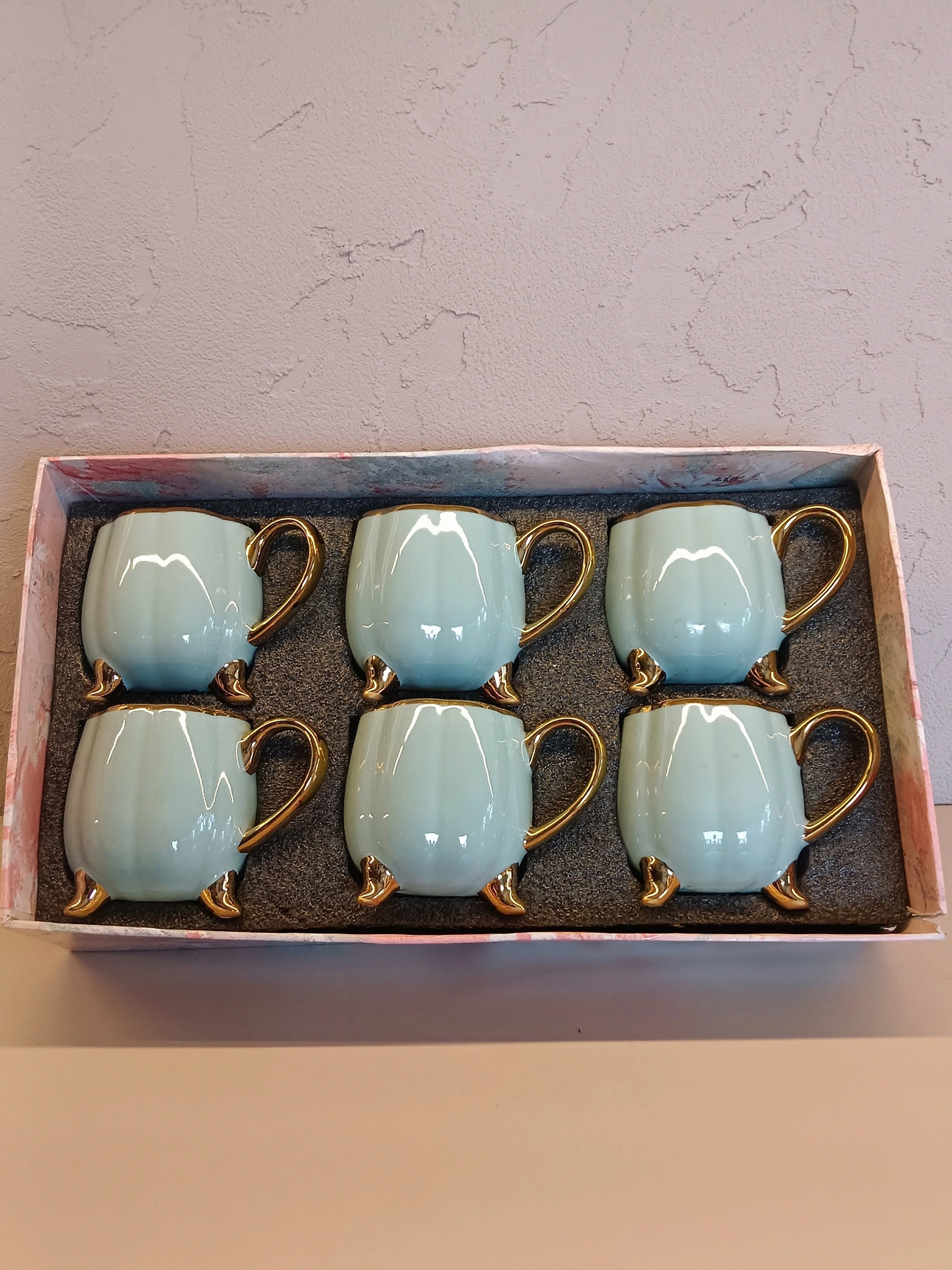 Stylish Ceramic Cup Set Of 6 With A Glossy Pastel Blue Finish And Golden Accents