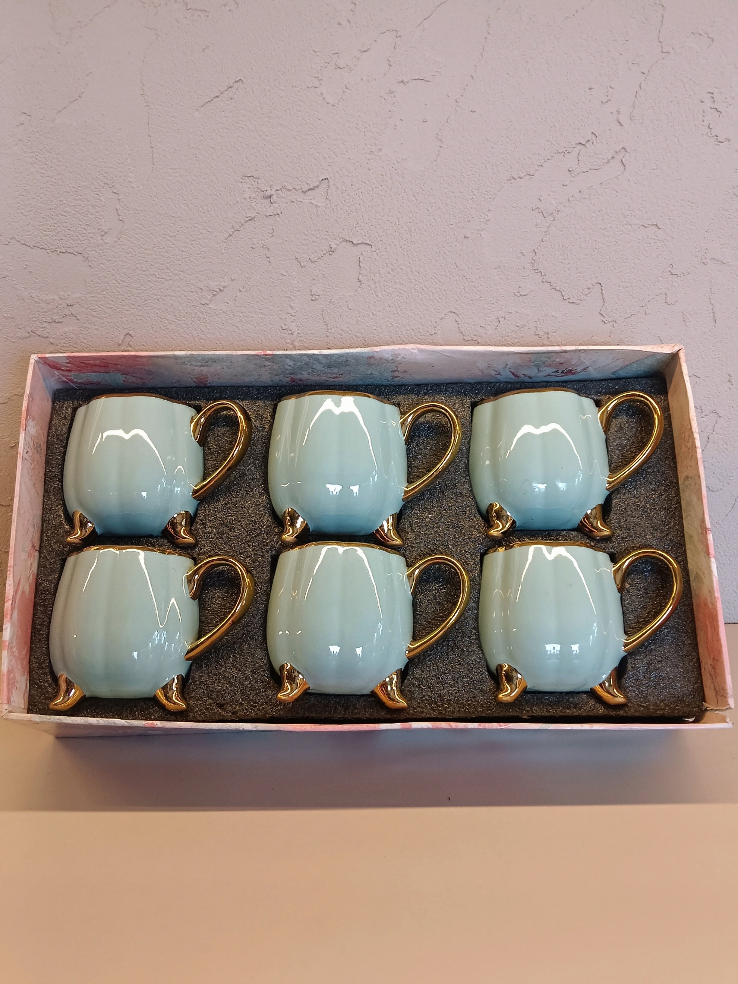 Stylish Ceramic Cup Set Of 6 With A Glossy Pastel Blue Finish And Golden Accents