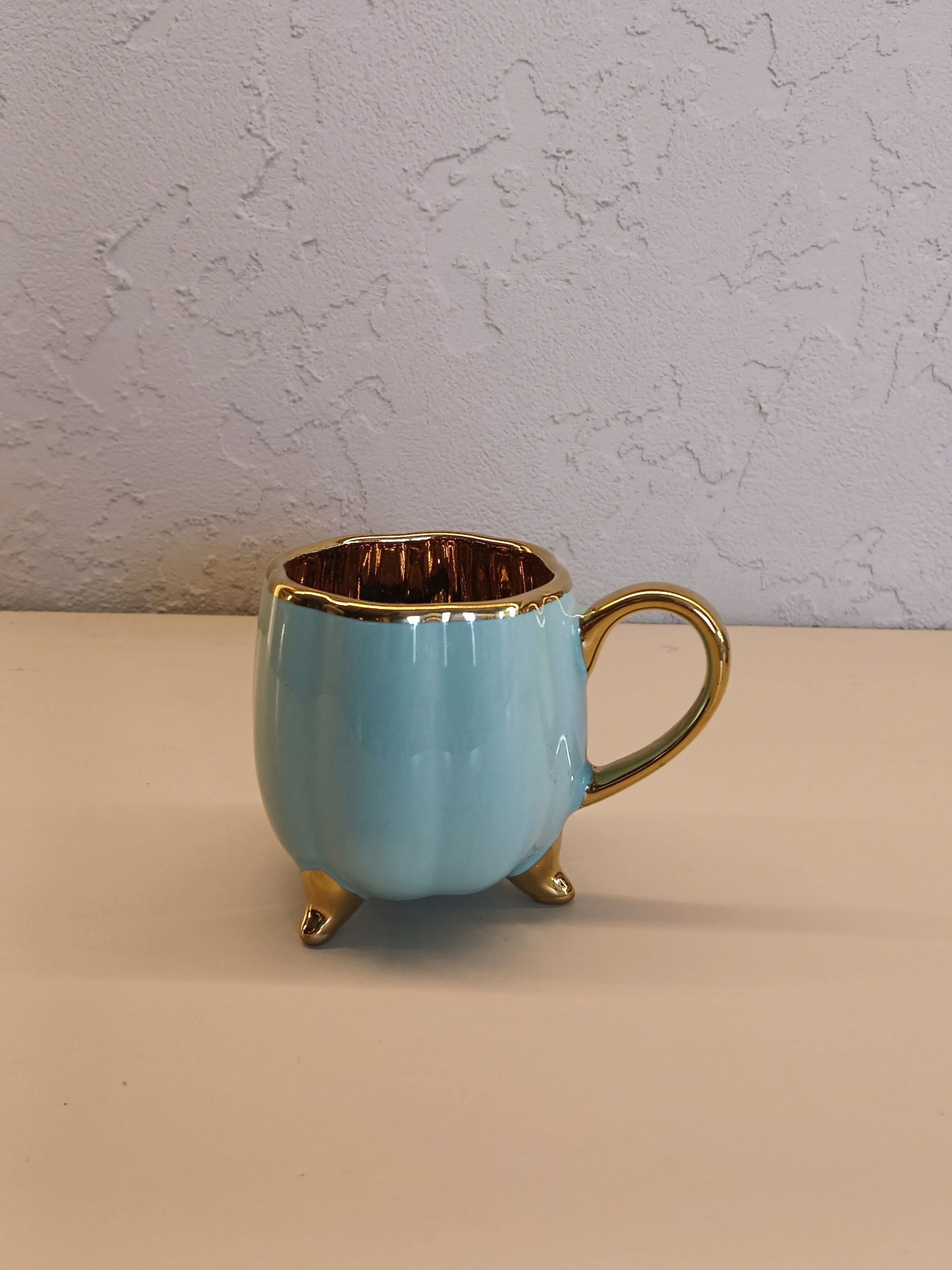 Stylish Ceramic Cup Set Of 6 With A Glossy Pastel Blue Finish And Golden Accents