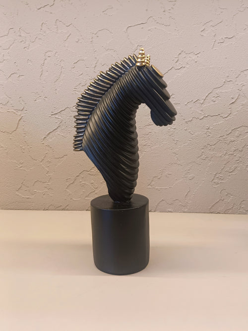 A Contemporary Abstract Horse Head Sculpture In Matte Black With Ribbed Detailing