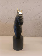 A Contemporary Abstract Horse Head Sculpture In Matte Black With Ribbed Detailing
