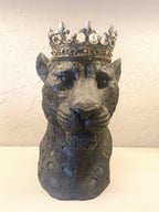 A Majestic Decorative Leopard Bust Sculpture Crowned With An Ornate Golden Crown